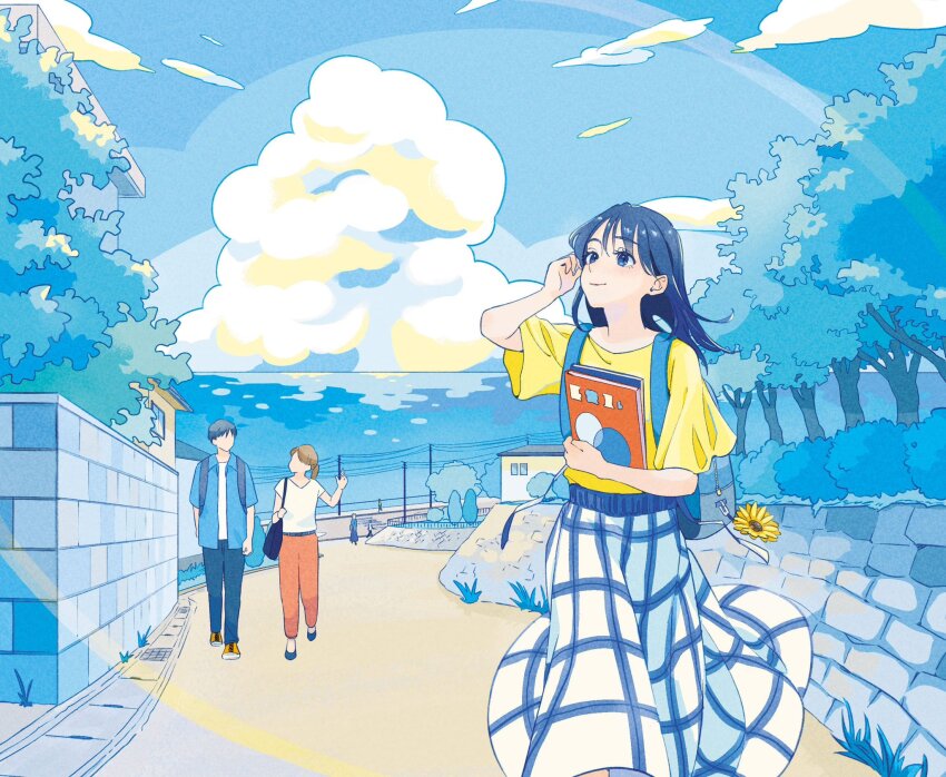 1boy 2girls backpack bag blue_eyes blue_hair blue_sky blush book bush cable closed_mouth cloud cumulonimbus_cloud day eyelashes flower highres holding holding_book house long_hair looking_afar looking_up multiple_girls ocean original outdoors power_lines shirt skirt sky smile sunflower sunlight tamiura_0422 tree utility_pole yellow_flower yellow_shirt