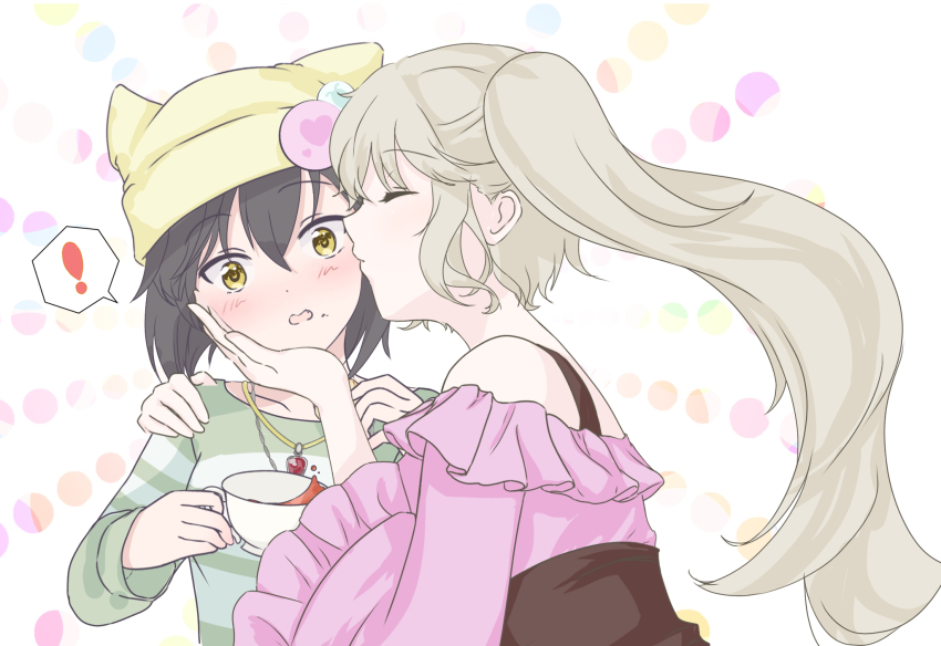 2girls black_hair blush closed_eyes green_shirt highres kiss kissing_cheek konzamurai kure_kirika long_hair looking_at_viewer magia_record:_mahou_shoujo_madoka_magica_gaiden mahou_shoujo_madoka_magica mahou_shoujo_oriko_magica medium_hair mikuni_oriko multiple_girls shirt side_ponytail strapless striped_clothes striped_shirt surprise_kiss surprised white_hair