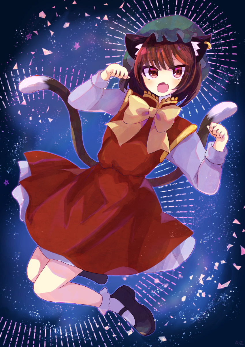 1girl :o absurdres animal_ears bare_legs black_shoes blush bobby_socks bow bowtie brown_hair cat_ears cat_girl cat_tail chen commentary dress fang frilled_hat frills full_body green_hat hat highres long_sleeves looking_at_viewer mary_janes mob_cap multiple_tails paw_pose red_dress shirt shoes short_hair skin_fang socks solo tail tomomasa_(coralsea23) touhou two_tails white_shirt white_socks yellow_bow yellow_bowtie