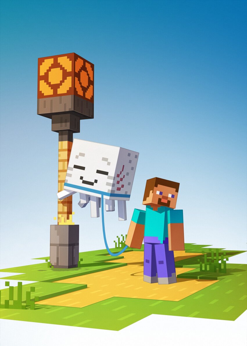 1boy absurdres block_(minecraft) closed_eyes commentary creature english_commentary ghast hapico happy_ghast highres lamp lamppost leash low_poly male_focus minecraft minecraft_(style) monster official_style outdoors pet redstone_lamp smile steve_(minecraft)