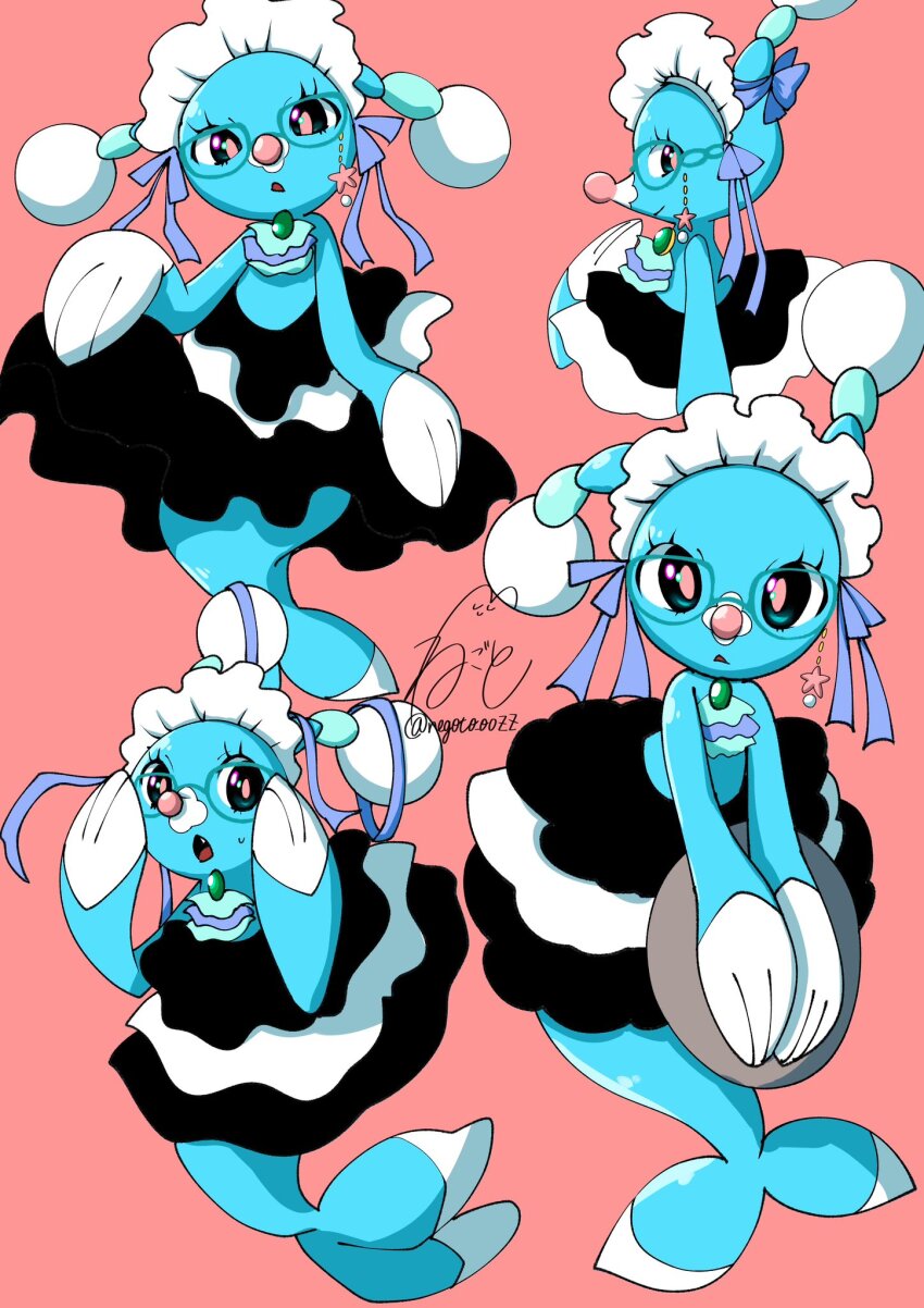 1other :o alternate_color alternate_shiny_pokemon animal_hands bad_tag black_dress blue_eyes brionne creatures_(company) dress eyelashes fang full_body game_freak gem gen_7_pokemon glasses green_gemstone highres looking_at_viewer maid_headdress multiple_views negoto_o0zz nintendo open_mouth pink_background pink_pupils pokemon pokemon_(creature) purple_ribbon ribbon sea_lion seal_(animal) simple_background snout solo standing