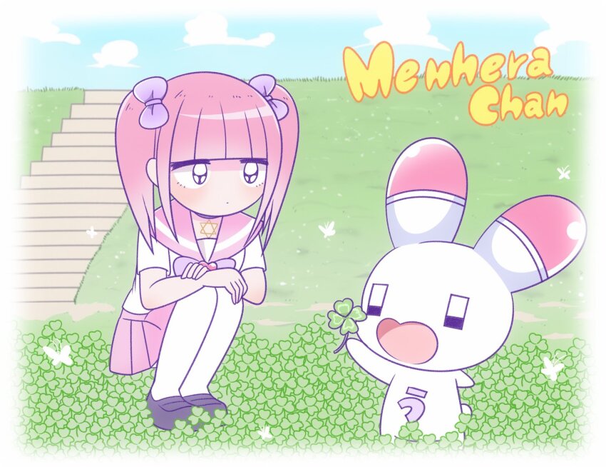 1girl black_shoes blouse blunt_bangs bow bowtie character_name choker closed_mouth clover expressionless ezaki_bisuko field four-leaf_clover grass hair_bow hexagram jitome light_blush loafers long_bore_(white_crow) long_hair looking_at_another menhera-chan_(ezaki_bisuko) menhera-chan_(ezaki_bisuko)_(character) open_mouth outdoors pantyhose pink_choker pink_hair pink_sailor_collar pink_skirt pleated_skirt purple_bow purple_bowtie rabbit sailor_collar school_uniform serafuku shirt shoes short_sleeves skirt solo squatting star_of_david straight_hair twintails usatan_(ezaki_bisuko) white_hair white_pantyhose