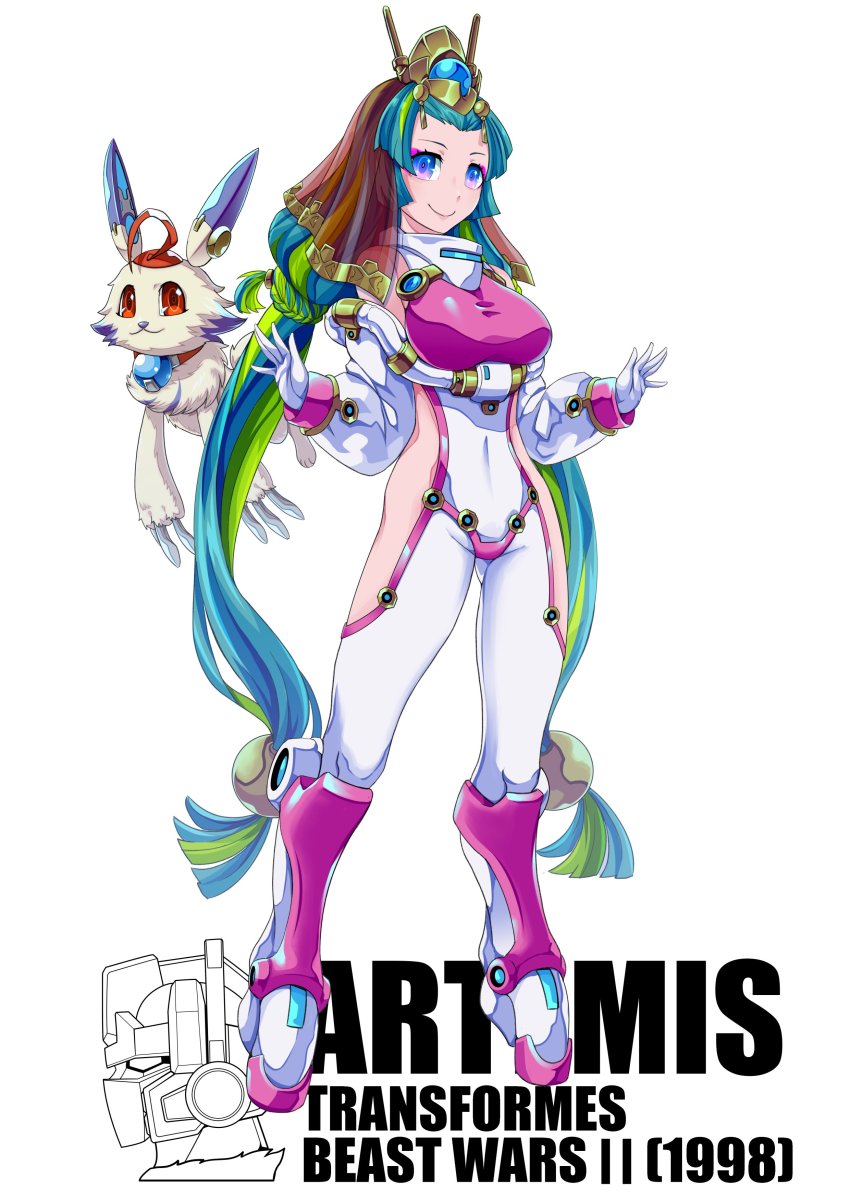 1girl absurdres animal artemis_(beast_wars_ii) beast_wars beast_wars_ii blue_hair breasts character_name copyright_name gradient_eyes highres kamizono_(spookyhouse) lio_convoy looking_at_viewer medium_breasts moon_(beast_wars_ii) multicolored_eyes open_hands ranguage standing transformers white_background