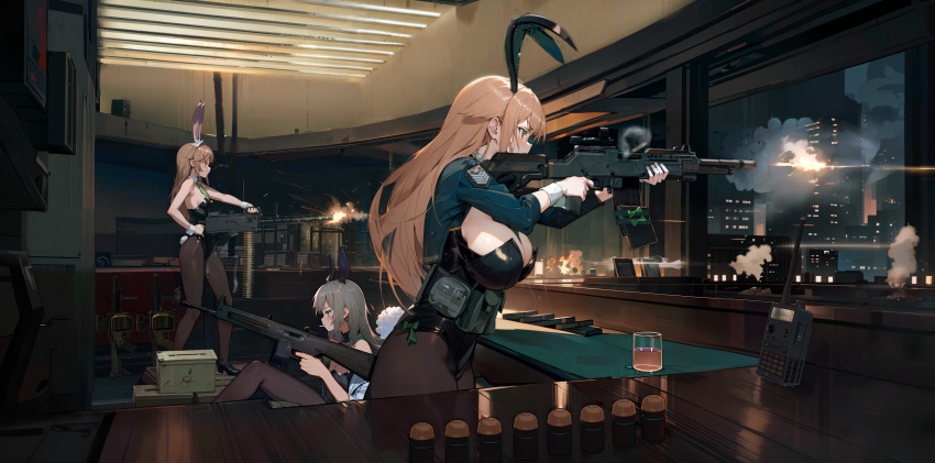 3girls aa-12 aa-12_(girls&#039;_frontline) absurdres alcohol alternate_costume ammunition_belt ammunition_box animal_ears assault_rifle automatic_rifle automatic_shotgun black_leotard blue_eyes breasts brown_eyes brown_hair browning_m1919 building cleavage combat_shotgun cup detached_collar drum_magazine explosive fake_animal_ears fake_tail firing fishnet_pantyhose fishnets from_side girls&#039;_frontline grenade grenade_cartridge grenade_launcher grey_hair gun high-capacity_magazine highleg highleg_leotard highres holding holding_gun holding_weapon indoors jungle_style large_breasts leotard light_machine_gun long_hair m1918_(girls&#039;_frontline) m1918_bar m1919a4_(girls&#039;_frontline) machine_gun magazine_(weapon) milkor_mgl multiple_girls night pantyhose playboy_bunny rabbit_ears rabbit_tail radio revolver_grenade_launcher rifle rifle_cartridge shotgun sitting strapless strapless_leotard tactical_playboy_bunny tail takemori_kohoto walkie-talkie weapon window wrist_cuffs