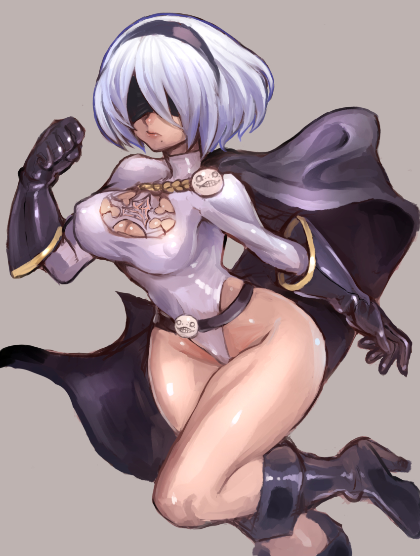1girl android blindfold boots breasts cape cleavage cosplay covered_erect_nipples curvy dakusuta dc_comics gloves high_heel_boots high_heels highleg highleg_leotard highres large_breasts leotard nier_(series) nier:automata power_girl_(cosplay) shiny_skin solo superhero_costume white_hair 2b_(nier:automata)