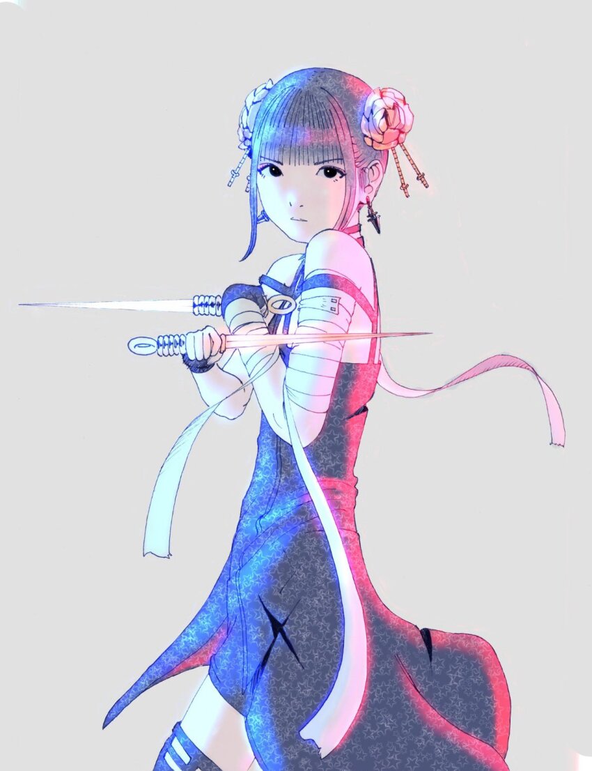 1girl bandaged_arm bandages black_dress black_hair cosplay dress dual_wielding expressionless from_side hair_ornament highres holding holding_weapon looking_at_viewer mimosa0224 solo spy_x_family torn_clothes weapon yor_briar yor_briar_(cosplay)