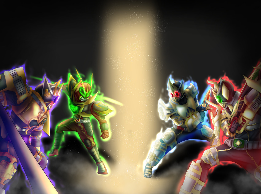 4boys absurdres armor belt bodysuit cannon character_request full_armor full_body gfga7577 gold_armor green_eyes gun helmet highres holding holding_gun holding_sword holding_weapon horns kamen_rider kamen_rider_blade_(king_form) kamen_rider_blade_(series) kamen_rider_chalice_(wild_form) kamen_rider_garren kamen_rider_garren_(king_form) kamen_rider_leangle kamen_rider_leangle_(king_form) kamen_rider_outsiders king_rouzer male_focus multiple_boys purple_eyes red_eyes rider_belt sword tokusatsu weapon wild_chalice