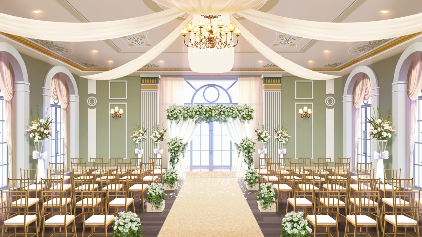 arched_window ballroom bouquet bow ceiling_light chair chandelier curtains flower glass_door highres no_humans non-web_source official_art our_life our_life:_beginnings_and_always plant poppy_(flower) potted_plant rug scenery variant_set wall_lamp white_flower window wooden_chair