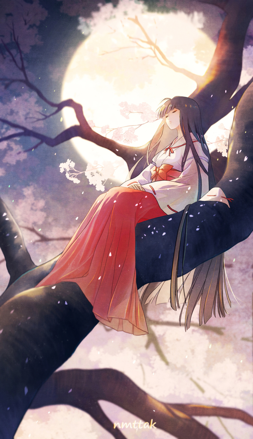 1girl absurdres artist_name black_hair closed_eyes closed_mouth commentary_request full_body full_moon hakama hakama_skirt hand_rest highres inuyasha japanese_clothes kikyou_(inuyasha) kimono long_hair long_sleeves miko moon night night_sky nmttak on_tree red_ribbon red_skirt ribbon ribbon-trimmed_sleeves ribbon_trim skirt sky solo tree very_long_hair white_kimono wide_sleeves