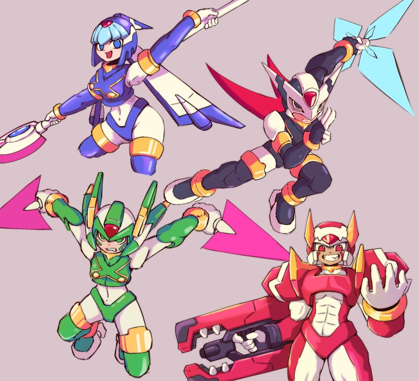 1girl 3boys armor black_armor black_eyes black_helmet blue_armor blue_eyes blue_helmet breasts cowboy_shot dual_wielding energy_gun energy_sword facial_mark fairy_leviathan_(mega_man) fighting_fefnir_(mega_man) fins forehead_jewel green_armor green_eyes green_helmet grey_background gun head_fins helmet hidden_phantom_(mega_man) highres holding holding_gun holding_polearm holding_sword holding_weapon kuji-in large_breasts mega_man_(series) mega_man_zero_(series) multiple_boys ninja polearm red_armor red_eyes red_helmet sage_harpuia_(mega_man) shoulder_armor shuriken siblings simple_background spear surrealmason sword weapon winged_helmet