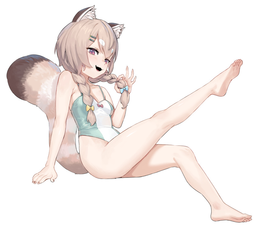 1girl agemmata alternate_costume armpit_crease ass bamboo_shoot bare_shoulders barefoot braid breasts cleavage fang feet green_one-piece_swimsuit hair_ornament hairclip highres holding holding_own_hair komachi_panko leg_up legs long_hair looking_at_viewer low_twin_braids nail_polish one-piece_swimsuit open_mouth phase_connect pink_eyes red_panda_ears red_panda_girl red_panda_tail sidelocks sitting small_breasts smile soles swimsuit transparent_background twin_braids virtual_youtuber white_one-piece_swimsuit