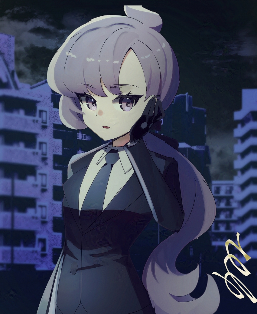 1girl anabel_(pokemon) black_gloves collared_shirt commentary eyelashes formal_clothes gloves hand_up highres jacket long_hair long_sleeves looking_at_viewer necktie nintendo open_mouth pokemon pokemon_sm ponytail shirt solo suit trisia_3 upper_body