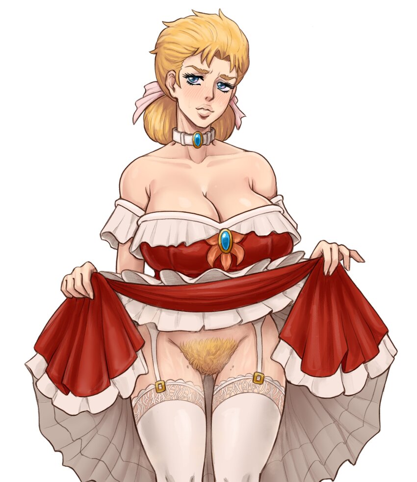 1girl absurdres bare_shoulders blonde_hair blonde_pubic_hair blue_eyes blush breasts choker cleavage clothes_lift collarbone curvy dress dress_lift erina_pendleton excessive_pubic_hair female_pubic_hair flashing garter_straps highres huge_breasts jojo_no_kimyou_na_bouken lifting_own_clothes looking_at_viewer phantom_blood pizzapiggy pubic_hair red_dress simple_background solo strapless strapless_dress thighhighs two-tone_dress white_background white_choker white_dress white_garter_straps white_thighhighs
