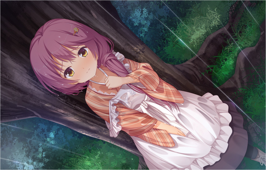 1girl 3: against_tree apron blush clenched_hand closed_mouth dutch_angle feet_out_of_frame frilled_apron frills furrowed_brow game_cg grass hair_between_eyes hair_ornament hairclip hand_up japanese_clothes kimono kurama_koharu long_hair long_sleeves looking_at_viewer low_ponytail maid maid_apron muririn non-web_source nose_blush official_art orange_kimono otogi_frontier outdoors pink_hair ponytail rain senren_banka solo split_mouth standing strap_slip striped_clothes striped_kimono tree variant_set vertical-striped_clothes vertical-striped_kimono wa_maid wet wet_clothes wet_hair white_apron wide_sleeves yellow_eyes