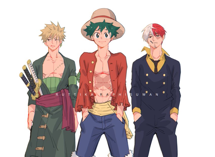 3boys abs alternate_costume bakugou_katsuki blonde_hair blue_eyes blue_shorts boku_no_hero_academia cigarette cosplay crossover green_eyes green_hair grey_eyes hat heterochromia highres midoriya_izuku monkey_d._luffy_(cosplay) multicolored_hair multiple_boys one_piece open_clothes open_shirt pectorals pectorals red_eyes red_hair red_shirt roronoa_zoro_(cosplay) ruttika_raphisuwan sanji_(one_piece)_(cosplay) sash shirt short_hair shorts spiked_hair straw_hat sword todoroki_shouto two-tone_hair weapon white_hair yellow_sash