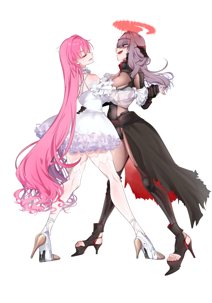 2girls :d absurdres bare_shoulders bibie307 black_gloves bodysuit breasts cleavage closed_eyes dancing dorothy_(nikke) dress frilled_dress frills gloves goddess_of_victory:_nikke halo hand_grab hand_on_another&#039;s_waist high_heels highres large_breasts long_hair multiple_girls open_mouth pink_hair platform_footwear purple_hair scarlet_(black_shadow)_(nikke) scarlet_(nikke) shaded_face simple_background smile thighhighs tiptoes toeless_footwear torn_clothes very_long_hair white_background white_dress white_thighhighs