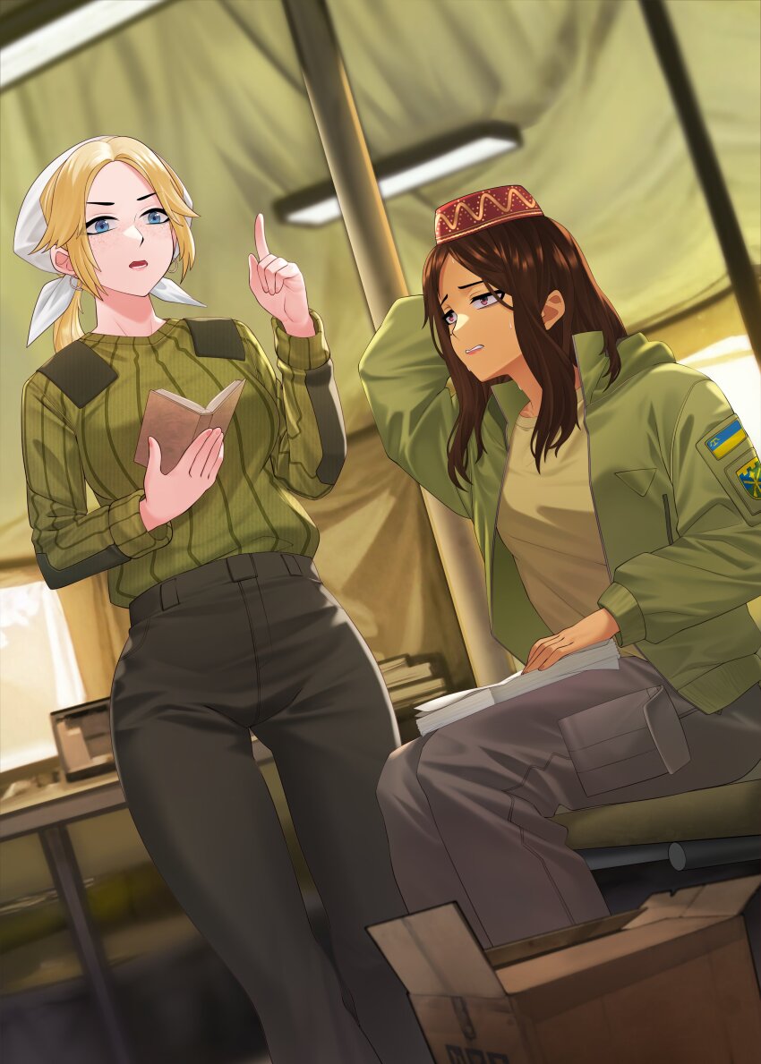 2girls absurdres black_hair blonde_hair blue_eyes book box brown_hair commission fez_hat headscarf highres holding holding_book holding_paper indoors lecturing long_hair long_sleeves looking_at_another military_fatigues military_patch military_uniform multiple_girls olena_bozhuk open_mouth original paper paper_stack patch pointing pointing_up russo-ukrainian_war samsam_s2s second-party_source shefika_(usergore) shirt shoulder_patch sitting sweat sweatdrop table talking ukraine ukrainian_flag white_headscarf