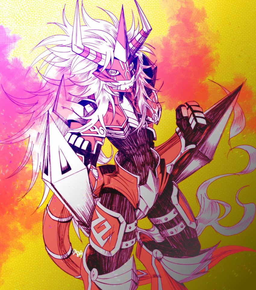 aldamon amor digimon fang highres japanese_text long_hair mask tail