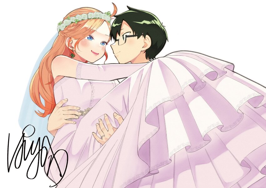 1boy 1girl absurdres black_hair blue_eyes blush breasts bridal_veil carrying commentary_request couple doujima-kun_wa_doujinai doujima_(doujima-kun_wa_doujinai) dress earrings elbow_gloves eye_contact fang flower_wreath four-leaf_clover_earrings glasses gloves head_wreath hetero highres himewaka_(doujima-kun_wa_doujinai) jewelry large_breasts long_hair looking_at_another official_art orange_hair original panyakawa parted_bangs princess_carry ring short_hair signature simple_background smile veil wedding_dress wedding_ring white_background white_gloves