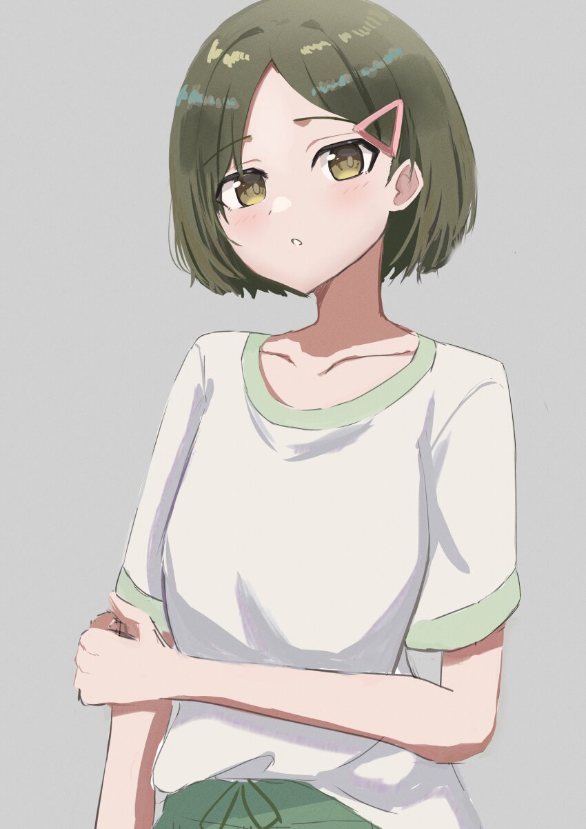 1girl :o absurdres blush collarbone commentary green_eyes green_hair grey_background highres idolmaster idolmaster_shiny_colors looking_at_viewer misumi_hiroki nanakusa_nichika shirt short_hair short_sleeves simple_background solo upper_body white_shirt
