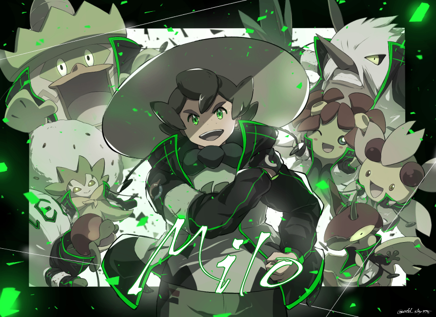 1boy appletun bellossom cherrim cherrim_(sunshine) coat eldegoss flapple freckles gen_2_pokemon gen_3_pokemon gen_4_pokemon gen_8_pokemon gloves green_eyes green_shorts gym_leader hand_up hat highres long_sleeves looking_at_viewer ludicolo male_focus milo_(pokemon) nintendo odd_(hin_yari) open_mouth pokemon pokemon_(creature) pokemon_swsh shiftry shirt shorts single_glove smile sun_hat teeth tongue