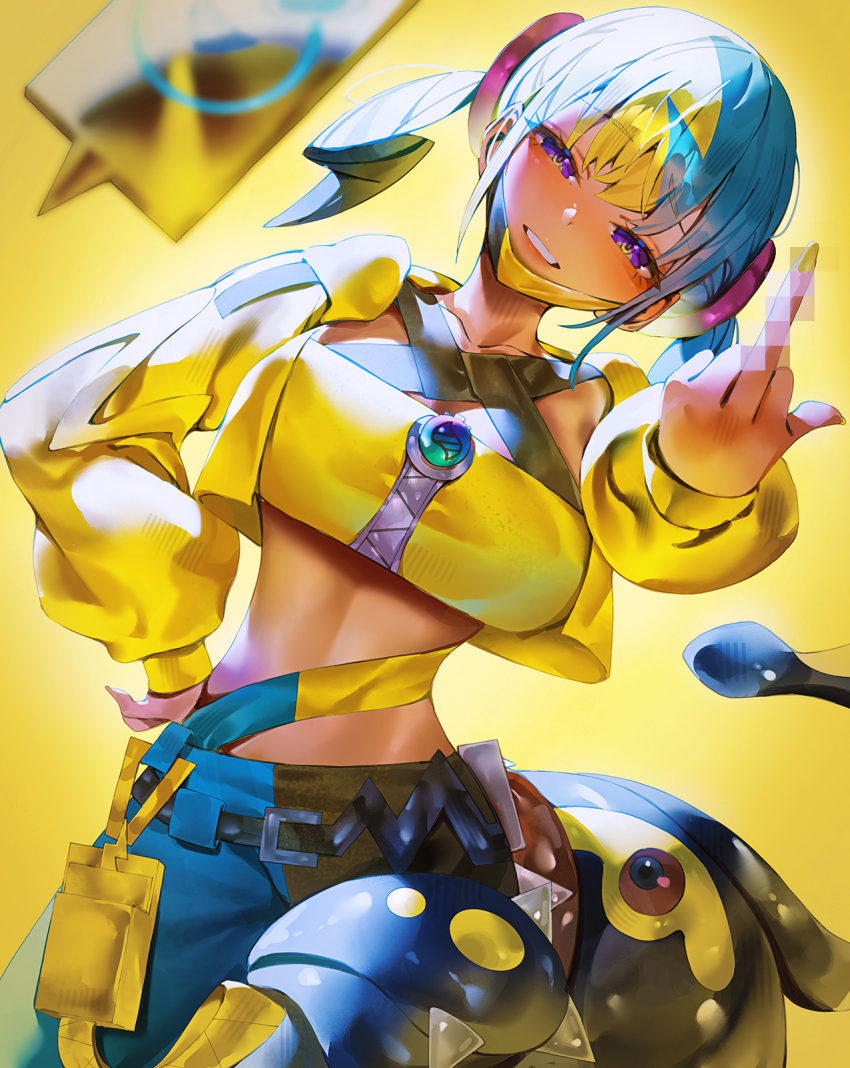 1girl aqua_hair black_mask blonde_hair breasts canari_(pokemon) censored commentary_request dark_skin eelektross gen_4_pokemon gen_5_pokemon highres indol jacket looking_at_viewer mask mask_pull middle_finger mosaic_censoring mouth_mask multicolored_hair navel nintendo pants pokemon pokemon_legends:_z-a purple_eyes revision rotom rotom_phone short_twintails solo split-color_hair sports_bra twintails two-tone_hair two-tone_mask yellow_background yellow_jacket yellow_mask yellow_sports_bra