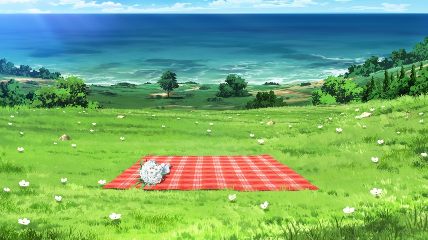 beach blue_sky bouquet bush cloud cloudy_sky day dirt_road flower forest grass highres hill horizon large_variant_set nature no_humans non-web_source our_life:_beginnings_and_always outdoors picnic_blanket poppy_(flower) road scenery sky too_many_flowers variant_set