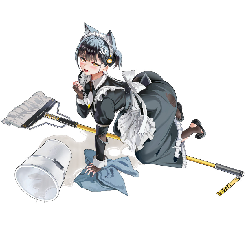 1girl all_fours anchor_hair_ornament animal_ear_fluff animal_ears apron ass black_dress black_footwear black_hair black_necktie blush breasts brown_gloves brown_thighhighs bucket bucket_spill collar collared_dress defeat dog_ears dog_girl dog_tail dress elbow_gloves english_text fang fingerless_gloves frilled_apron frilled_skirt frills full_body game_cg gloves hair_ornament hand_on_ground high_heels highres last_origin layered_skirt long_skirt long_sleeves looking_at_viewer looking_up maid maid_apron maid_headdress medium_breasts mop multicolored_necktie necktie official_alternate_costume official_art open_mouth puffy_sleeves pumps ribbon short_hair short_necktie short_twintails simple_background skirt skirt_under_dress slit_pupils solo spill tachi-e taesi tag tail tearing_up thick_eyebrows thighhighs third-party_source tongue torn_clothes torn_dress torn_gloves torn_ribbon torn_sleeves torn_thighhighs towel transparent_background twintails vargr_(last_origin) water white_apron white_collar white_necktie white_ribbon wiping wrist_cuffs yellow_eyes yellow_necktie