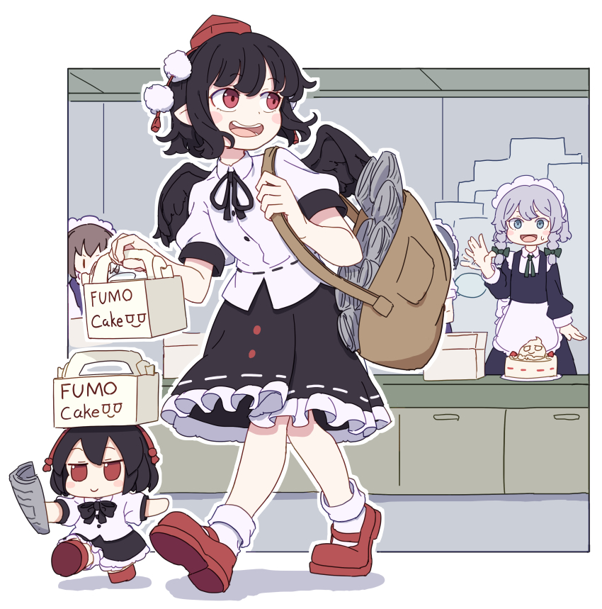 4girls absurdres apron bag bird_girl bird_wings black_hair black_ribbon black_skirt black_trim blue_dress blue_eyes bow box braided_sidelock brown_bag brown_hair cake commentary_request double-parted_bangs dress english_text fairy_maid_(touhou) food frilled_skirt frills fumo_(doll) green_bow green_ribbon grey_hair hat highres holding holding_bag holding_box holding_newspaper izayoi_sakuya kame_(kamepan44231) long_sleeves looking_back low-tied_sidelocks maid_apron maid_headdress medium_hair multiple_girls newspaper pointy_ears pom_pom_(clothes) red_eyes red_hat red_shoes ribbon ribbon-trimmed_skirt ribbon_trim rolled_up_newspaper shameimaru_aya shirt shoes short_hair shoulder_bag sidelocks skirt smile socks sweatdrop swept_bangs teeth tokin_hat touhou upper_teeth_only walking waving white_ribbon white_shirt white_socks wings |_|
