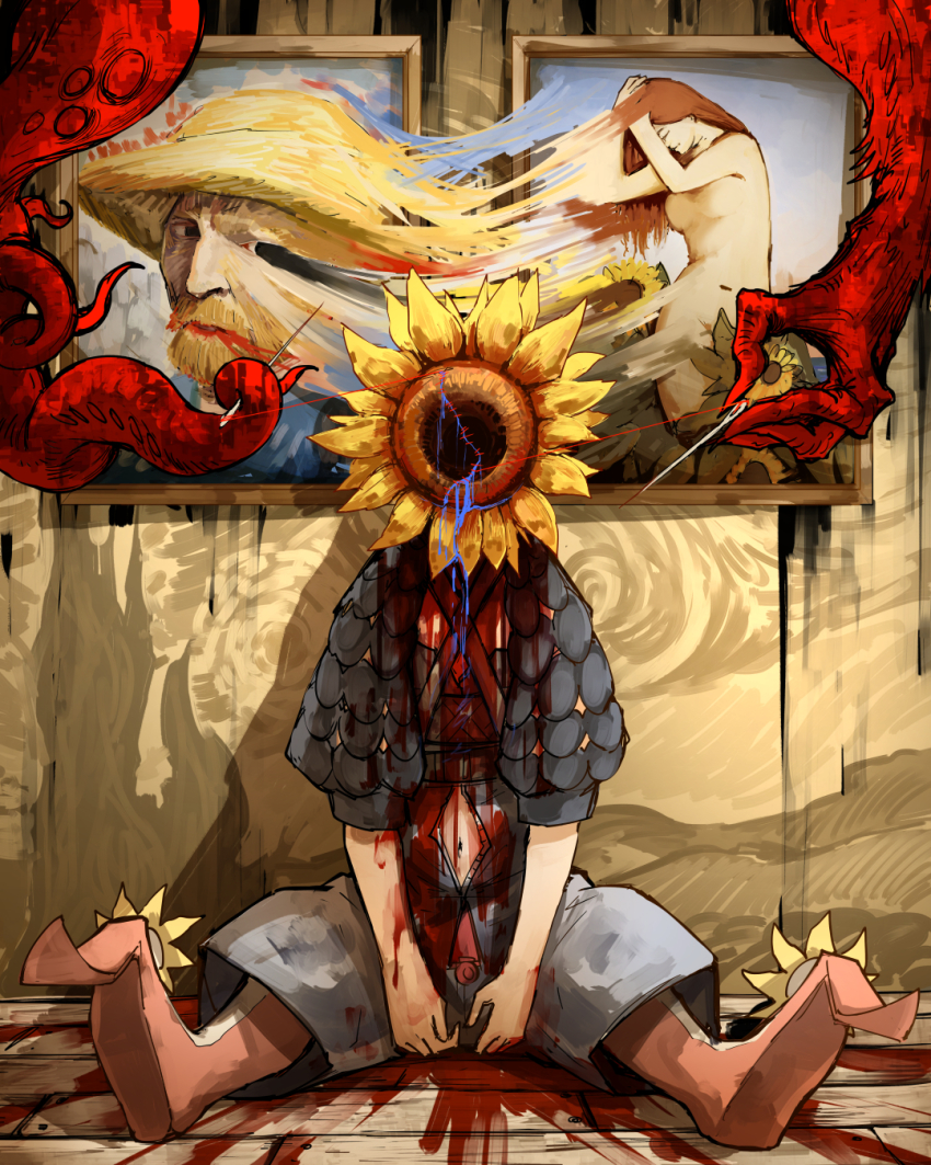 1girl against_wall blood blood_from_mouth blood_on_arm blood_on_clothes blue_blood blue_shirt blue_shorts clothing_cutout colored_blood commentary_request corpse fate/grand_order fate_(series) flower full_body highres indoors kankan33333 navel needle object_head painting_(object) sewing_needle shirt shorts sitting solo spoilers starry_night stomach_cutout sunflower tentacles van_gogh_(fate) van_gogh_(first_ascension)_(fate) vincent_van_gogh_(person) vincent_van_gogh_(style)