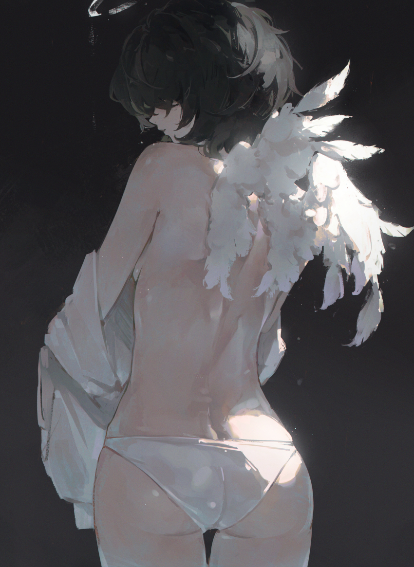 1girl absurdres ass bare_back bare_shoulders black_hair blush feathered_wings from_behind fuunyon hair_over_eyes halo highres no_bra original panties parted_lips shirt solo underwear undressing white_halo white_panties white_shirt wings