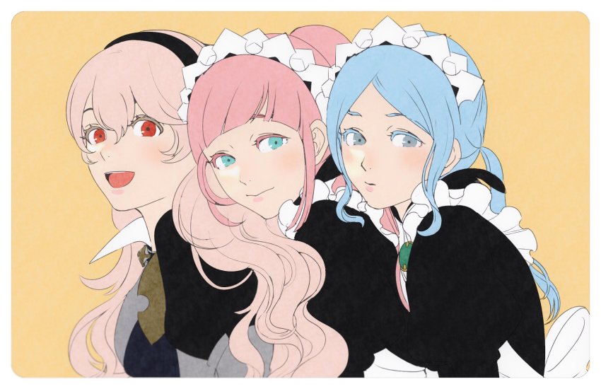 3girls armor armored_dress bavaa black_dress black_headband blue_hair blunt_bangs closed_mouth commentary_request female_corrin_(fire_emblem) dress felicia_(fire_emblem) fire_emblem fire_emblem_fates flora_(fire_emblem) frills green_eyes grey_eyes hair_between_eyes headband highres hug hug_from_behind juliet_sleeves lips long_hair long_sleeves looking_at_viewer maid maid_headdress multiple_girls nintendo open_mouth pink_hair ponytail puffy_sleeves red_eyes siblings sidelocks sisters smile teeth twins upper_body upper_teeth_only yellow_background