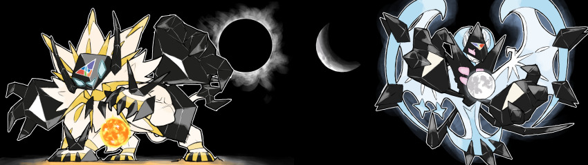 absurdres alternate_form animal_focus black_background blacknirrow blue_eyes claws commentary crescent_moon eclipse energy_ball english_commentary fang full_moon gen_7_pokemon glowing glowing_eyes highres legendary_pokemon moon necrozma necrozma_(dawn_wings) necrozma_(dusk_mane) nintendo no_humans open_mouth outline pokemon pokemon_(creature) pokemon_focus red_eyes simple_background skin_fang solar_eclipse spikes sun white_fur white_outline