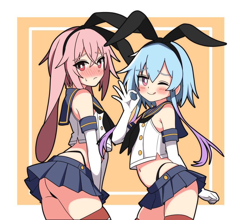 +++ 2boys ;q absurdres animal_ear_hairband animal_ears ansel_(arknights) arknights arm_behind_back artist_name ass bare_shoulders black_hairband black_neckerchief black_panties blue_background blue_hair blue_sailor_collar blue_skirt blush border bright_pupils buttons closed_mouth colored_tips contrapposto cosplay cowboy_shot crop_top cropped_shirt crossdressing elbow_gloves fake_animal_ears flying_sweatdrops from_behind gloves hairband hand_up hendra highleg highleg_panties highres kantai_collection looking_at_viewer male_focus mars_symbol microskirt midriff miniskirt mizuki_(arknights) multicolored_hair multiple_boys navel neckerchief nose_blush ok_sign one_eye_closed outside_border panties pink_hair pleated_skirt purple_background purple_eyes purple_hair rabbit_boy rabbit_ear_hairband rabbit_ears red_thighhighs sailor_collar school_uniform serafuku shimakaze_(kancolle) shimakaze_(kancolle)_(cosplay) shirt short_hair short_hair_with_long_locks sidelocks signature simple_background skirt sleeveless sleeveless_shirt smile speech_bubble spoken_mars_symbol striped_clothes striped_thighhighs thighhighs thong tongue tongue_out trap two-tone_hair underwear white_border white_gloves white_pupils white_shirt