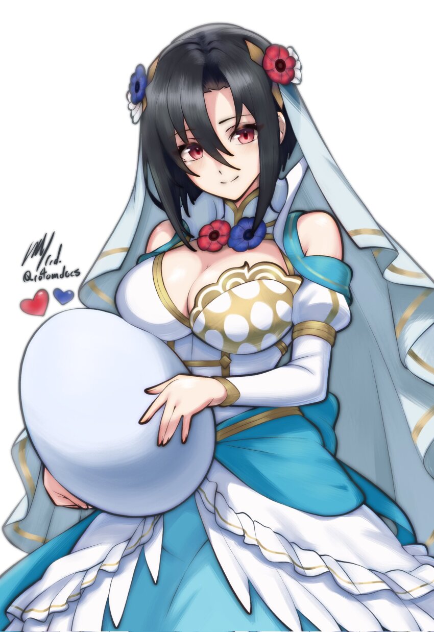 1girl black_hair breasts cleavage dress fire_emblem fire_emblem_engage fire_emblem_heroes hair_between_eyes hair_ornament highres jewelry long_sleeves nel_(fire_emblem) nel_(stoic_bride)_(fire_emblem) nintendo official_alternate_costume red_eyes rotomdocs short_hair strapless veil wedding_dress white_dress