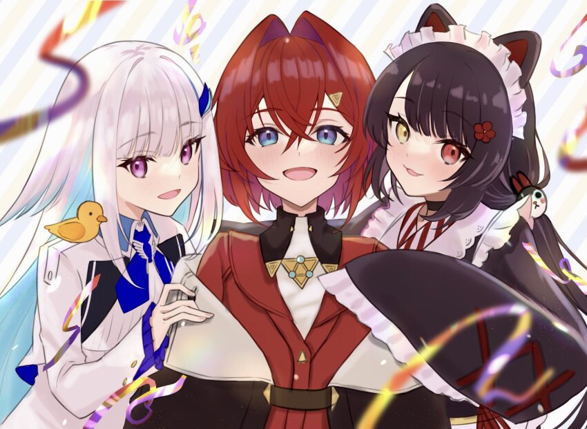 3girls ange_katrina ange_katrina_(1st_costume) animal animal_ears animal_hair_ornament animal_on_shoulder anniversary bird bird_on_shoulder blue_eyes blue_hair blue_neckerchief blurry blurry_foreground blush brown_choker brown_coat brown_hair brown_kimono cardigan choker coat colored_inner_hair commentary_request cross-laced_clothes cross-laced_sleeves crossed_bangs depth_of_field diagonal-striped_background dog_ears flower frills group_picture hair_between_eyes hair_flower hair_intakes hair_ornament hand_on_another&#039;s_shoulder haruwo heterochromia highres inui_toko inui_toko_(1st_costume) japanese_clothes kaburaki_roco kaburaki_roco_(1st_costume) kimono lize_helesta lize_helesta_(1st_costume) long_bangs long_hair long_sleeves looking_at_viewer maid_headdress multicolored_hair multiple_girls neckerchief nijisanji off_shoulder open_mouth purple_eyes red_cardigan red_eyes red_hair revision sanbaka_(nijisanji) sebastian_piyodore short_hair shrug_(clothing) sidelocks smile streamers striped_background swept_bangs triangle_hair_ornament two-tone_hair upper_body very_long_hair virtual_youtuber white_hair white_headdress white_shrug yellow_bird yellow_eyes