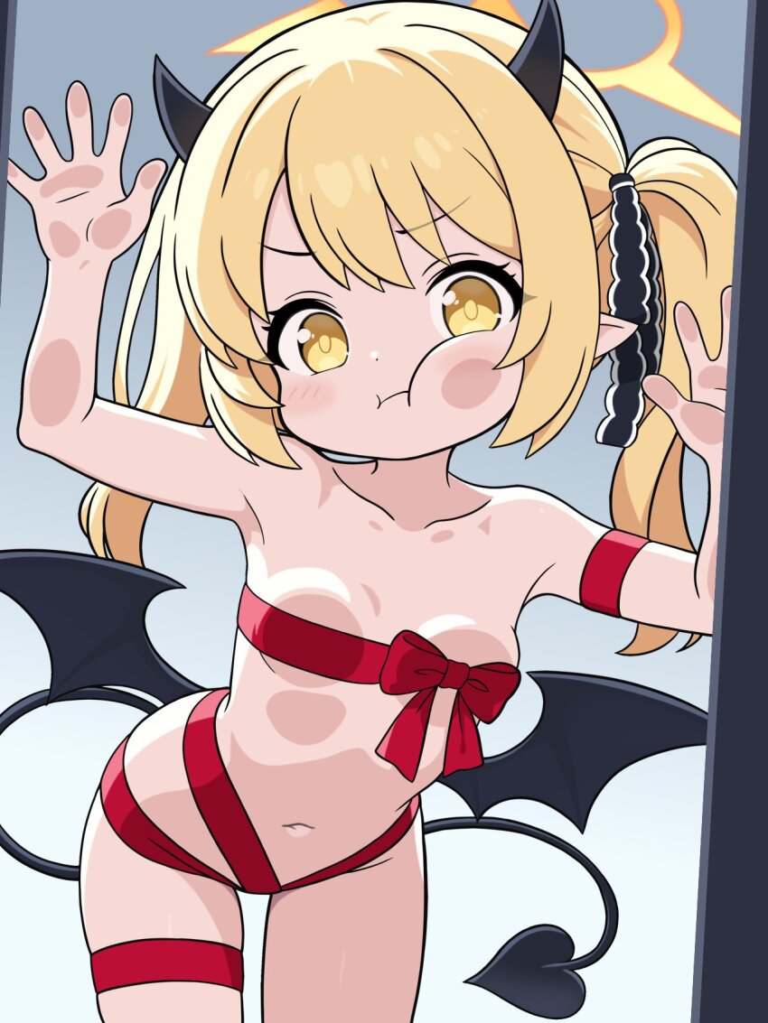 :t against_glass armband armpits arms_up bare_shoulders black_horns black_ribbon black_tail black_wings blonde_hair blue_archive blush bow breast_press breasts breasts_on_glass closed_mouth collarbone demon_girl demon_horns demon_tail demon_wings dot_nose furrowed_brow gift_wrapping hair_between_eyes hair_ribbon halo hands_up highres horns ibuki_(blue_archive) leaning_forward loli long_hair long_tail looking_at_viewer low_wings naked_ribbon navel pointy_ears pout red_armband red_bow red_ribbon ribbon shishiejo_(sisieho1) side_ponytail small_breasts solo standing tail thighs twintails wings yellow_eyes yellow_halo your_present_is_me
