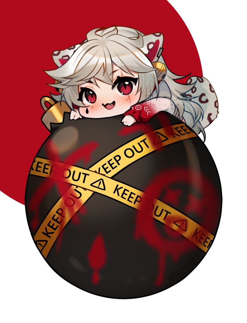 1girl animal_ear_piercing antenna_hair bell caution_tape chibi christmas_ornaments circle commentary english_commentary eyelashes fang gradient_sweater graffiti grey_hair hair_bell hair_ornament happy highres hyanna-natsu leopard leopard_girl leopard_tail light_blush long_hair long_sleeves looking_at_viewer lying marking_on_cheek mini_person minigirl on_stomach open_mouth original puffy_long_sleeves puffy_sleeves red_eyes red_sweater scar scar_across_eye scar_on_face smile solo sweater swept_bangs tail teardrop_facial_mark very_long_hair white_background white_sweater ych_commission