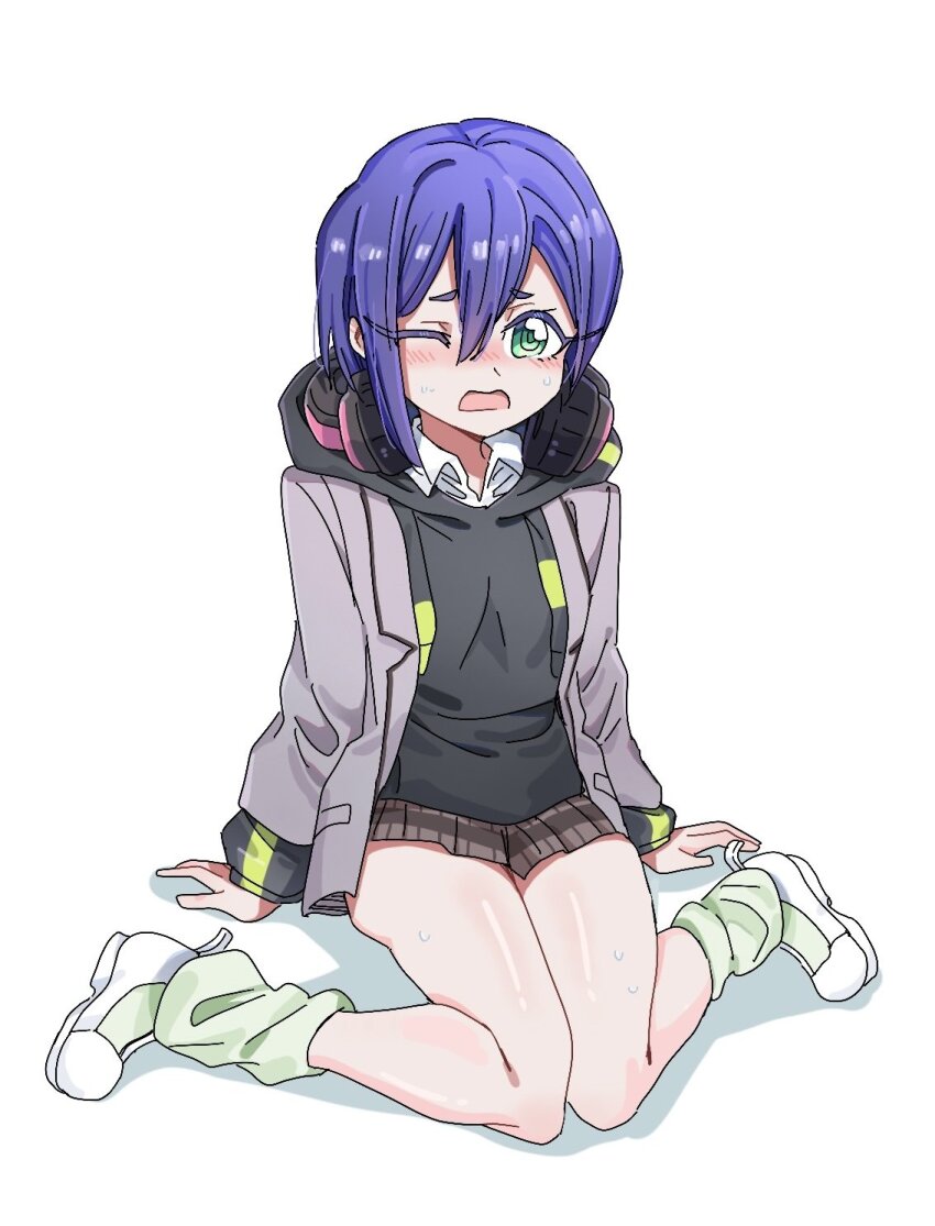 1girl bare_legs black_hoodie blush brown_skirt d; dalidari27 drawstring frown green_eyes grey_jacket hair_between_eyes haraga_kurumi headphones headphones_around_neck highres hood hood_down hoodie jacket kimi_no_koto_ga_dai_dai_dai_dai_daisuki_na_100-nin_no_kanojo long_sleeves loose_socks miniskirt nose_blush one_eye_closed open_mouth pleated_skirt purple_hair shirt shoes short_hair simple_background sitting skirt socks solo sweat wariza white_background white_shirt white_shoes wince wing_collar