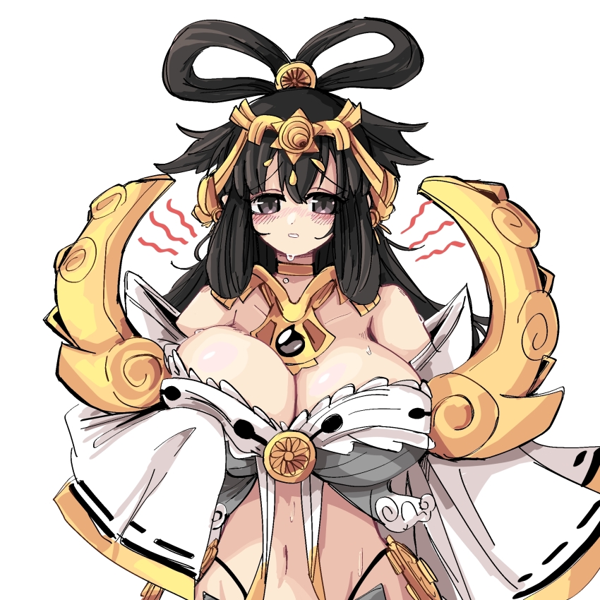 1girl amaterasu_(nyanko_daisensou) armor black_eyes black_hair blush breasts cleavage commentary_request ddungchi gold_armor hair_flaps hair_rings highres huge_breasts korean_commentary long_hair long_sleeves navel nyanko_daisensou open_mouth ribbon-trimmed_sleeves ribbon_trim simple_background solo sweat upper_body white_background