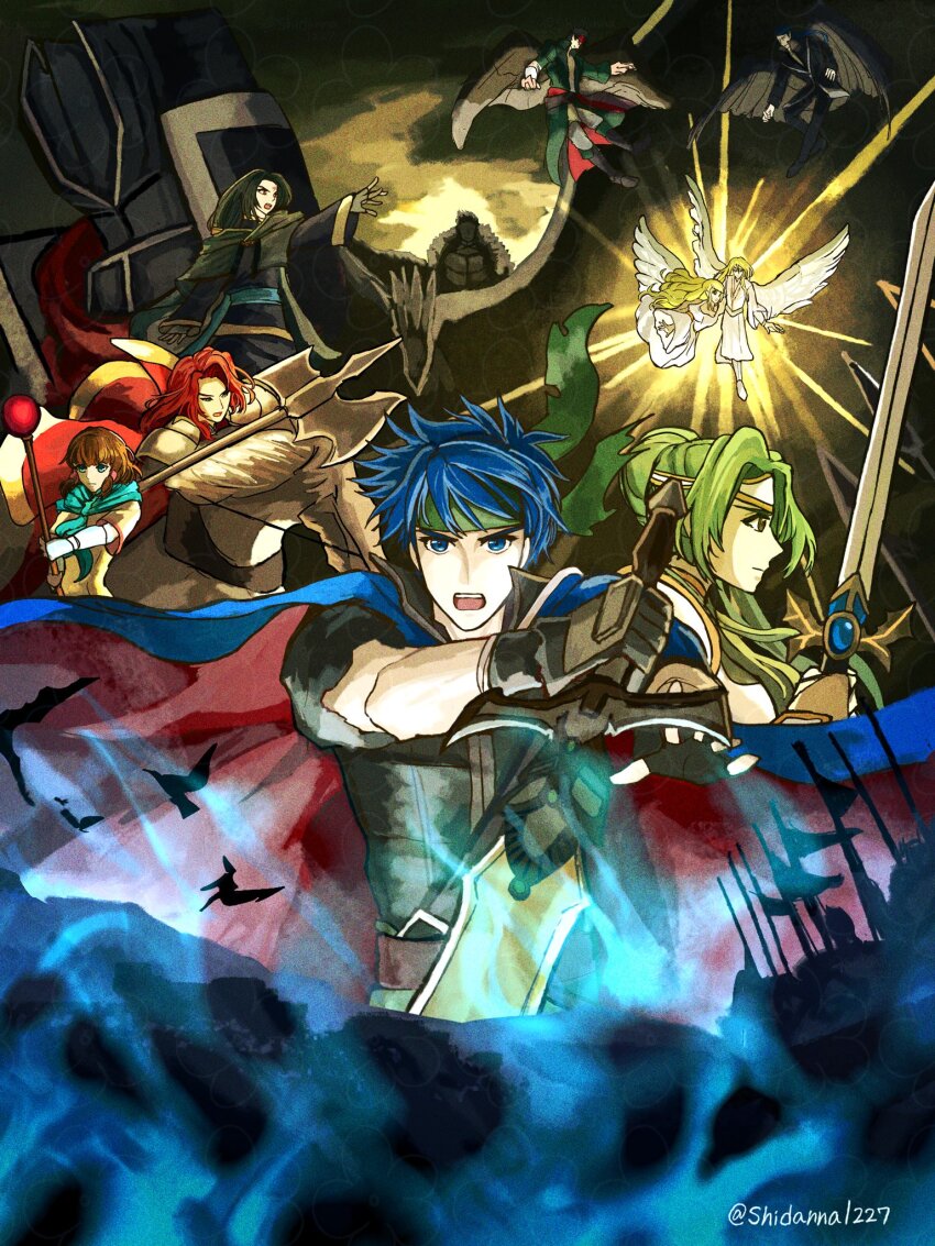 4girls 6+boys armor artist_name ashnard_(fire_emblem) barding black_knight_(fire_emblem) blue_eyes blue_hair commentary_request derivative_work elincia_ridell_crimea fire_emblem fire_emblem:_path_of_radiance forehead_protector full_armor green_eyes green_hair green_headband halberd headband highres holding holding_polearm holding_staff holding_sword holding_weapon horse leanne_(fire_emblem) mist_(fire_emblem) multiple_boys multiple_girls naesala_(fire_emblem) nintendo open_mouth polearm reyson_(fire_emblem) shidanna1227 soren_(fire_emblem) staff sword tibarn_(fire_emblem) titania_(fire_emblem) twitter_username weapon