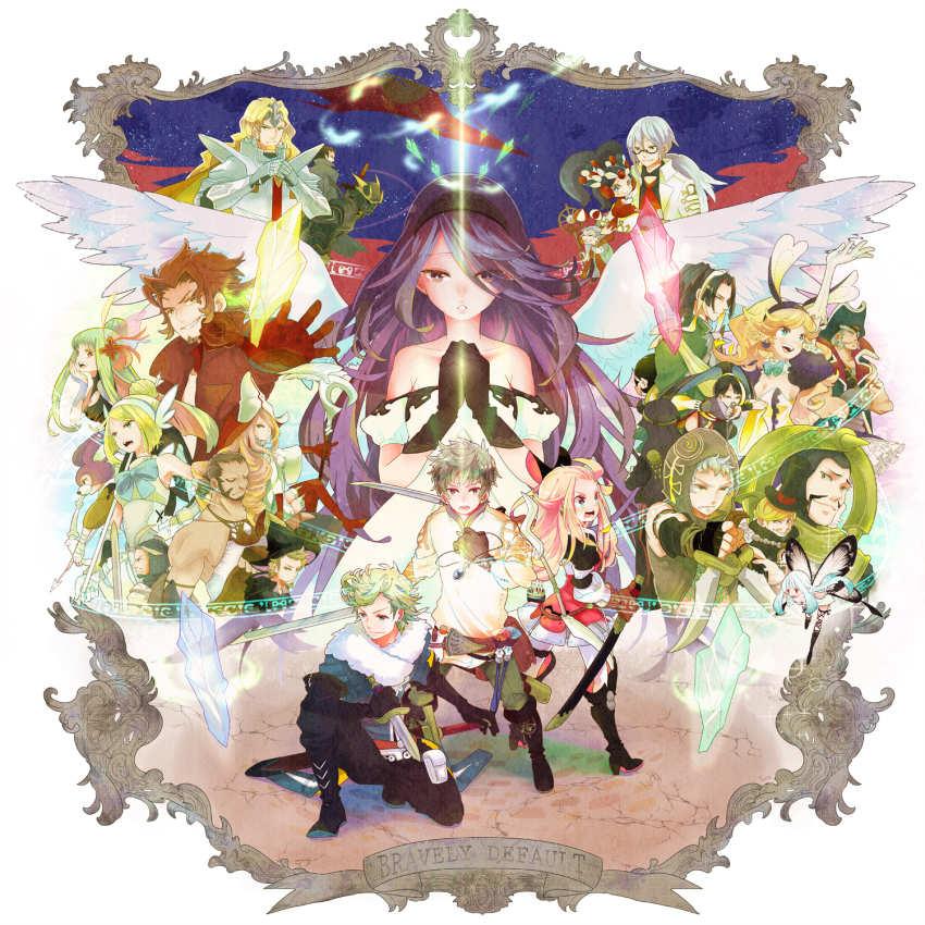 5pb. 6+boys 6+girls agnes_oblige airy_(bravely_default) alternis_dim angel_wings animal_ears aqua_hair argent_heinkel armor artemia_venus barras_lehr blonde_hair braev_lee bravely_default:_flying_fairy bravely_default_(series) ciggma_khint dark_skin edea_lee einheria_venus eloch_quentis_khamer_viii erutus_profiteur facial_hair fiore_derosa glasses green_hair grey_hair hairband hayreddin_barbarossa highres holly_white hood jackal_(bravely_default) konoe_kikyou lester_derosso mephilia_venus multiple_boys multiple_girls mustache nobutsuna_kamiizumi ominas_crowe pantyhose pomeko ponytail praline_a_la_mode purple_hair qada_(bravely_default) rabbit_ears red_eyes ringabel sword tiz_arrior victor_s._court victoria_f._stein weapon wings yulyana