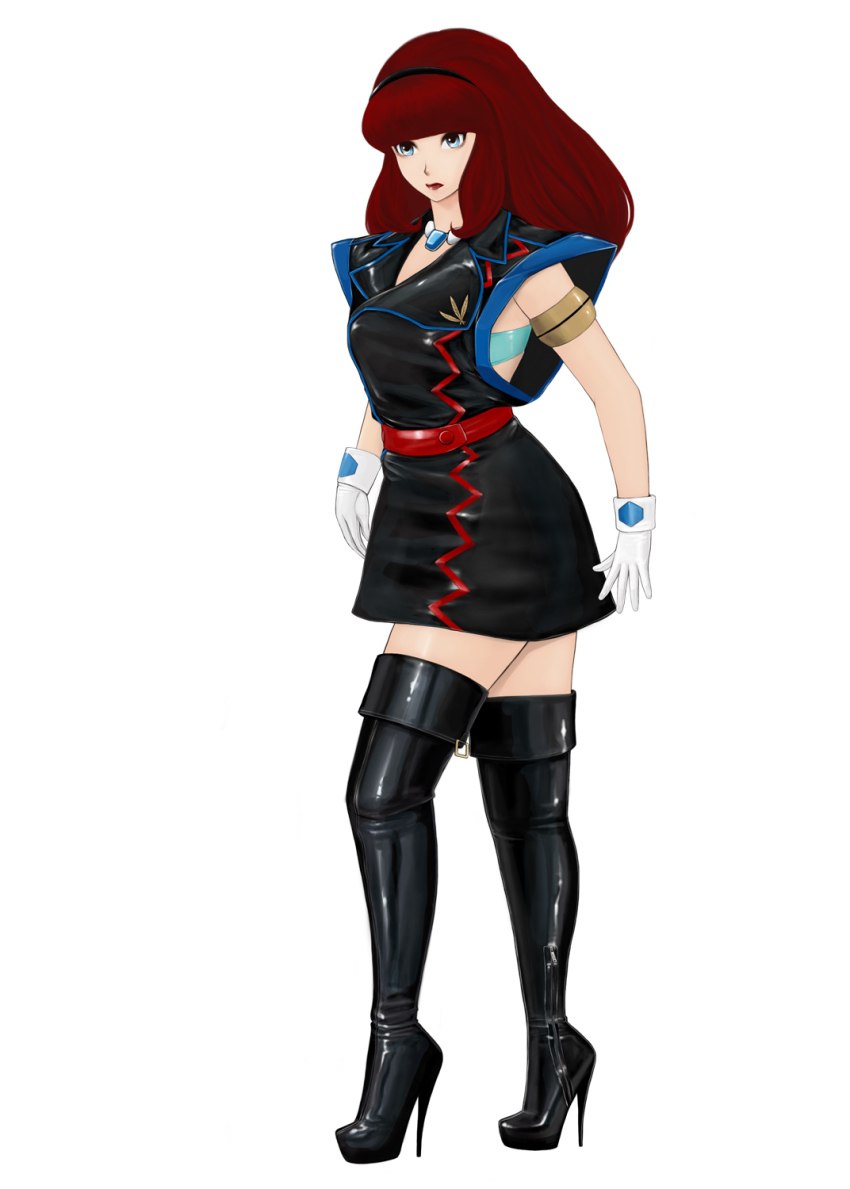 1girl boots female_focus gaw_ha_leccee high_heel_boots high_heels highres juusenki_l-gaim komii retro_artstyle solo stileto_heels stiletto_boots thigh_boots thighhighs