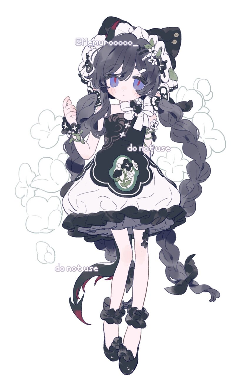 1girl animal_ears apron black_hair bow dress flower frilled_dress frills full_body hair_ornament hands_up highres long_hair low_twintails maid_headdress memuro original purple_eyes shoes sleeveless sleeveless_dress standing twintails white_background white_dress