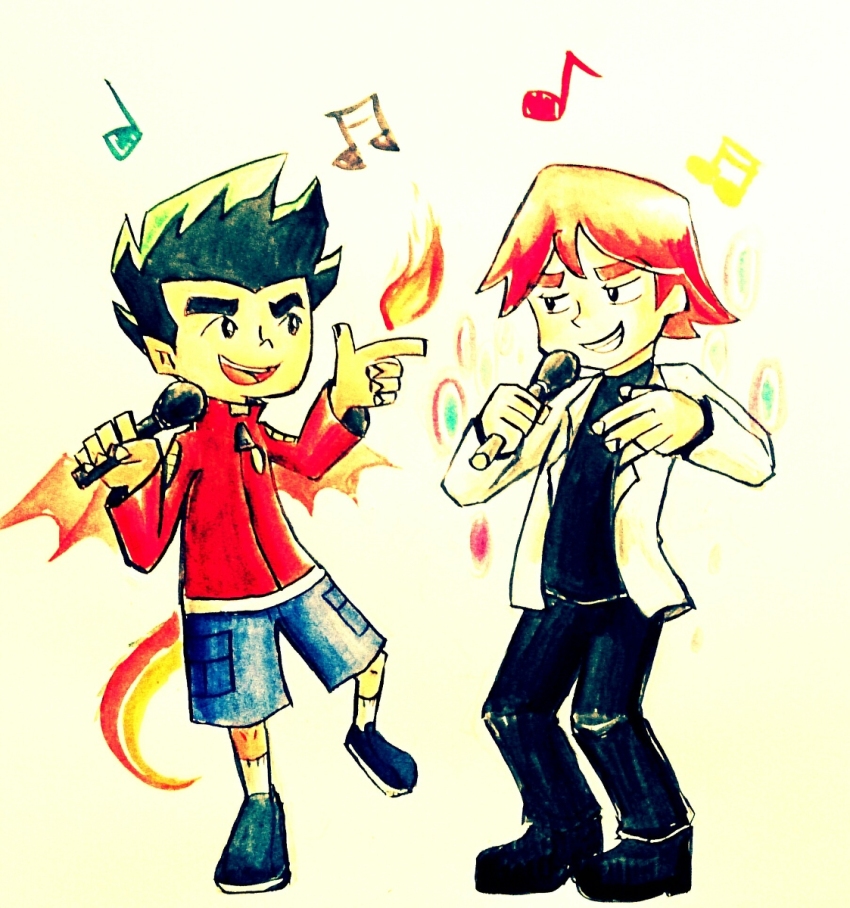 2boys american_dragon_jake_long asian black_eyes black_pants black_shirt disney dragon dragon_boy dragon_tail dragon_wings fire green_hair highres jacket jake_long microphone multiple_boys music musical_note nigel_thrall nigel_thrall open_mouth orange_hair pants rapping red_jacket shirt shoes short_hair short_pants shorts singing socks tagme tail united_kingdom wings