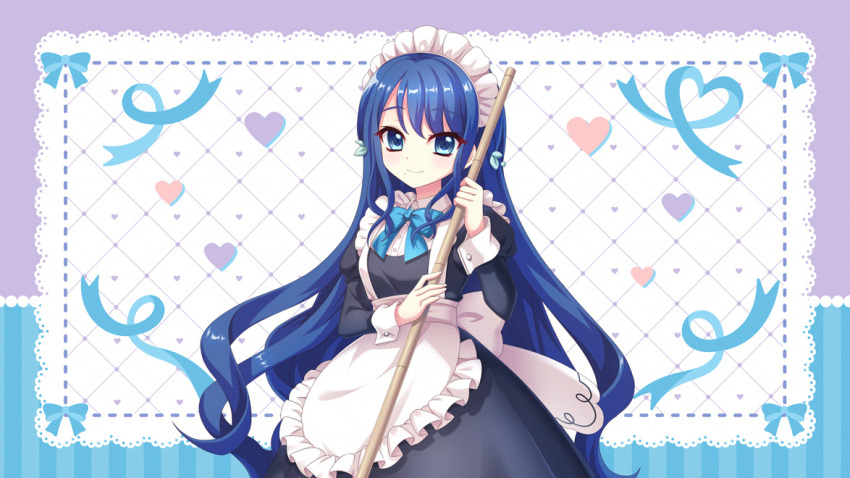 1girl alternate_costume apron bamboo_broom black_dress blue_bow blue_bowtie blue_eyes blue_hair blush bow bowtie breasts broom closed_mouth cowboy_shot dot_nose dress enmaided film_grain frilled_apron frills futaba_shiho game_cg heart holding holding_broom izumi_tsubasu long_hair long_skirt long_sleeves looking_at_viewer maid maid_apron medium_breasts mole mole_under_mouth non-web_source official_art re:stage! skirt smile solo very_long_hair white_apron