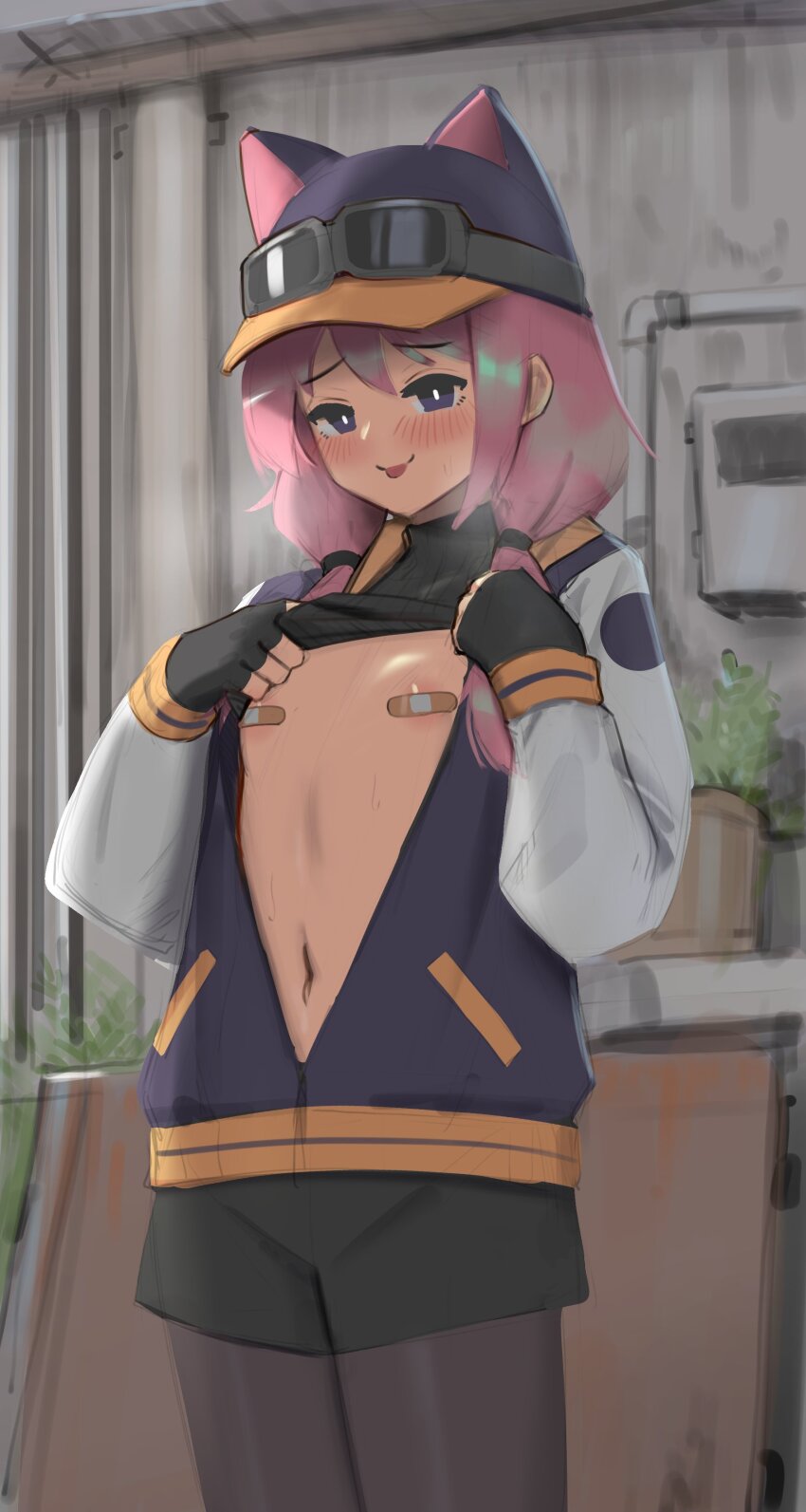1girl :p absurdres animal_ear_headwear animal_ears bandaid bandaids_on_nipples baseball_cap black_gloves black_pantyhose black_shirt black_shorts blush breasts bright_pupils closed_mouth clothes_lift commentary cowboy_shot embarrassed fake_animal_ears fingerless_gloves flat_chest gloves goggles goggles_on_headwear hands_up hat highres jacket legs_together lifting_own_clothes long_hair looking_at_viewer multicolored_jacket navel open_clothes open_jacket orange_jacket pantyhose partially_unzipped pasties pink_hair purple_eyes purple_jacket shirt shirt_lift short_shorts shorts small_breasts smile solo standing steam_(platform) steam_delivery_girl sweat tongue tongue_out turtleneck turtleneck_shirt twintails white_jacket white_pupils xerbatt