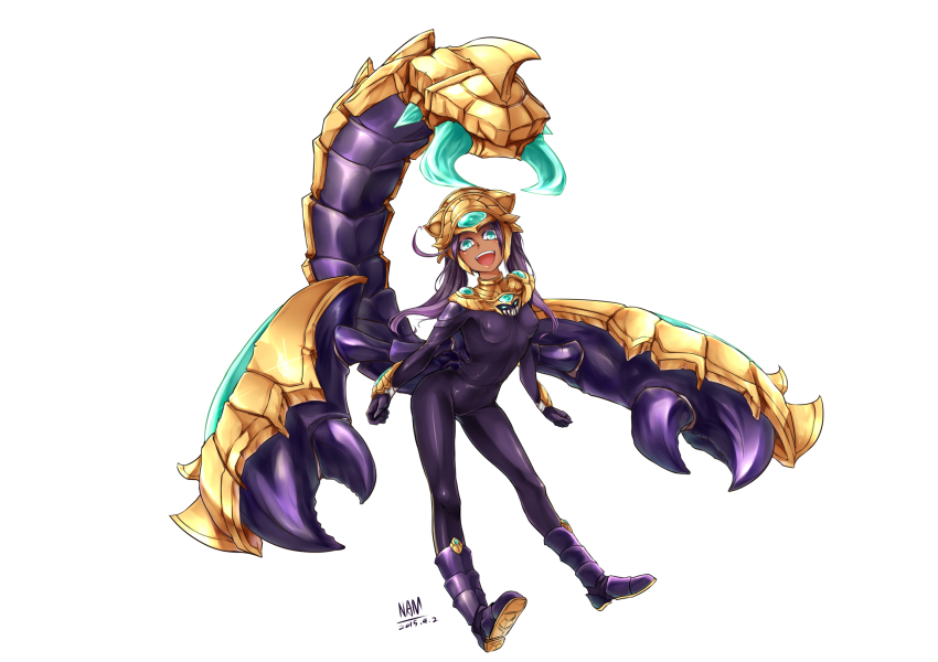 1girl :d aqua_eyes armor arthropod_girl bodysuit bracer breasts clenched_hands dark_skin dated extra_arms full_body gem genderswap genderswap_(mtf) greaves green_eyes happy headgear highres league_of_legends leaning_forward long_hair looking_at_viewer nam_(valckiry) open_mouth pauldrons personification purple_hair scorpion_tail shoulder_armor signature simple_background skarner small_breasts smile tail twintails white_background