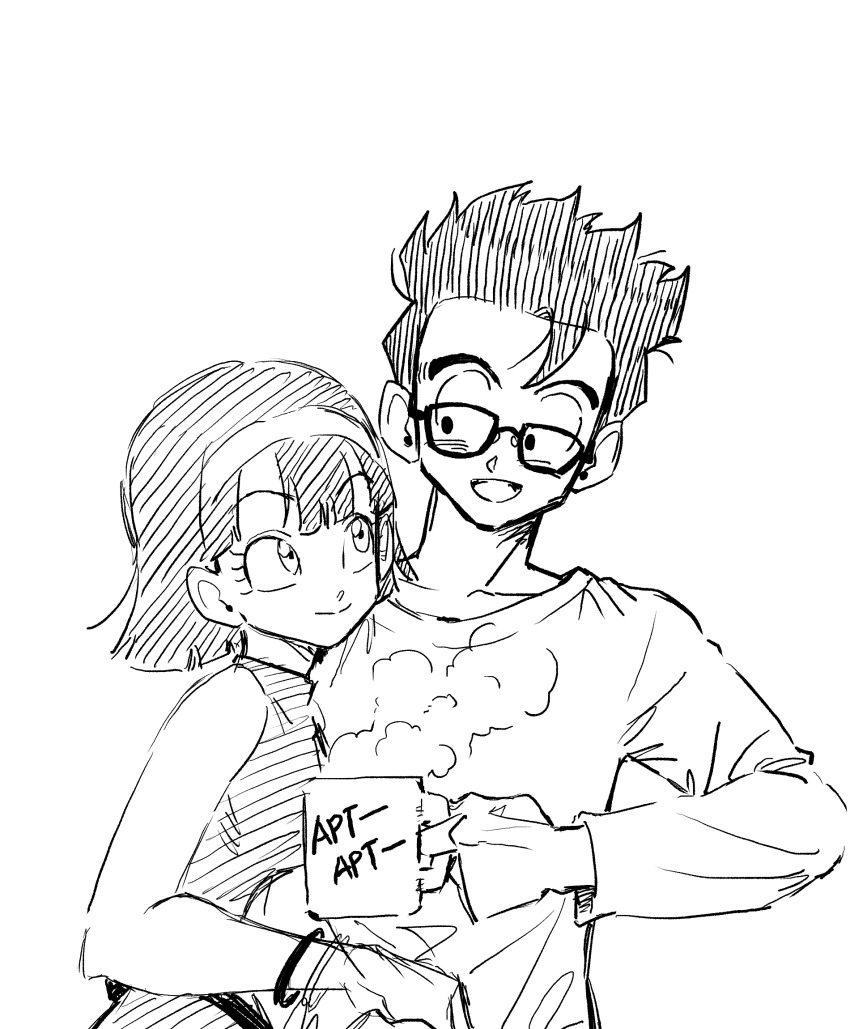 1boy 1girl bakarott black_hair blush coffee_mug couple cup dragon_ball dragon_ball_super dragon_ball_super_super_hero happy husband_and_wife mug sketch smile son_gohan videl white_background