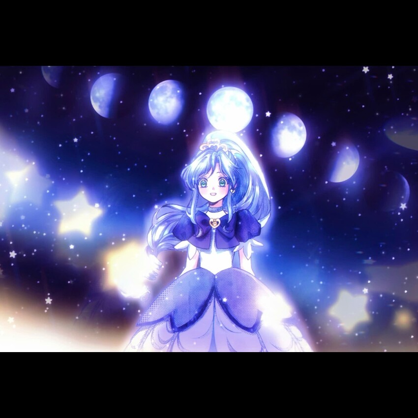 1girl aoi_rika284 aqua_eyes black_border blue_bow blue_bowtie blue_choker blue_dress blue_hair border bow bowtie choker commentary commentary_request cowboy_shot dot_nose dress earrings english_commentary frilled_sleeves frills fushigiboshi_no_futago_hime gold_tiara gown happy high_ponytail highres jewelry letterboxed light_blush light_particles long_dress long_hair looking_at_viewer magical_girl mixed-language_commentary moon_phases open_mouth ponytail princess puffy_short_sleeves puffy_sleeves rein_(futagohime) rein_(prominence_dress_up)_(futagohime) second-party_source short_sleeves smile solo space standing star_(symbol) tareme teeth upper_teeth_only very_long_hair vietnamese_commentary